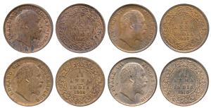 Edward VII, Copper 1/12 Anna (4), 1905, 1907, 1908 and 1910, Calcutta Mint (Prid 820, 823,