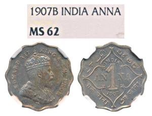Edward VII, Cupro-Nickel Anna, 1907, Bombay Mint, B incuse (Prid 926). Graded by NGC MS62.