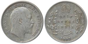 Edward VII, Silver ½ Rupee, 1907, Calcutta Mint (Prid 311). Fine+.