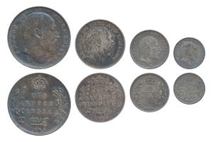 Edward VII, set of 4, Silver Rupee, ½, ¼ and 2 Annas, 1905, 1907, 1906 and 1910. Very Fine