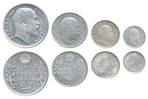 Edward VII, set of 4, Silver Rupee, ½, ¼ and 2 Annas, 1905, 1910, 1906 and 1905. Uncircula