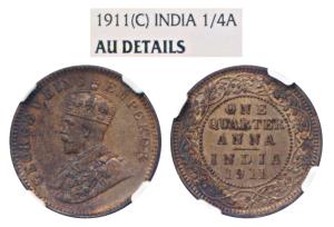 George V, Copper ¼ Anna, 1911, Calcutta Mint (Prid 656). Graded by NGC AU Details Altered 