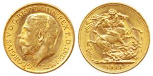 Australia, George V, Gold Sovereign, 8g, 1911, rev. St. George slaying a dragon, ‘M’ mint 