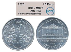 Austria, Silver, 1.50 Euro (1 ½ Euro), 31.1g, 2025, Vienna Philharmonic, rev. Instruments 