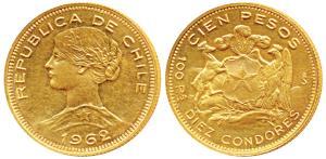 Chile, Gold 100 Pesos, 20.3g, 1962, Santiago Mint, obv. laureate bust of Liberty to left, 