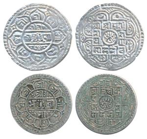 Nepal, Silver Mohur (2), 5.34g & 5.28g, Prithvi Narayan Shah (VS 1676, 1754 AD), SE 1696 (