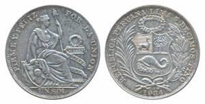 Peru, Silver 1 Sol, 25g, Santiago Mint, 1934 (KM 218). Extremely Fine.