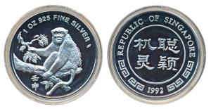Singapore, Year of the Monkey, Silver, 1 oz, 31.1g, 1992, rev. monkey seated on a branch. 