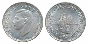 South Africa, George VI, Silver 5 Shillings, 28.28g, .500 fine, 300th Anniversary of the F