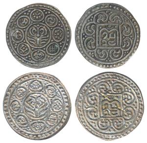 Tibet, Silver Tangka (2), 4.25g & 4.52g, ornate lotus design surrounded by Buddhist eight 