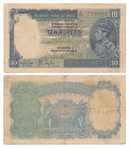George VI, Rupees 10, 1st issue, 1938, signed J. B. Taylor (J&R 4.5.1). Fine+.