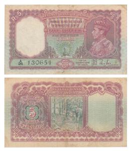 Burma, George VI, Rupees 5, 1938, signed J. B. Taylor (J&R 5.4.1). Very Fine, Scarce.