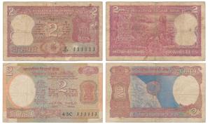 Rupees 2 (2), signed I. G. Patel, fancy number 111111. Fine and About Very Fine. (2)
