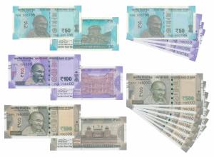 Assorted lot, Rupees 500 (7), Rupees 100 (3), and Rupees 50, all with fancy serial number 