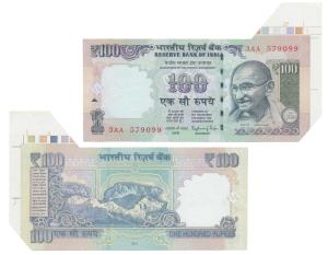 Rupees 100, signed Raghuram Rajan, Error, margin with extra paper on top right corner and 