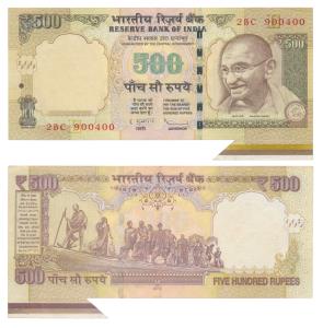 Rupees 500, signed D. Subbarao, Error, miss-print with extra paper in bottom margin. About