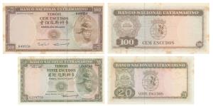 Timor, Banco Nacional Utramarino, 20 and 100 Escudos, 1967. Rust spots, Crisp, Very Fine+.