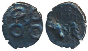 Satavahanas, Copper Karshapana, 2.84g, obv. Sri Satakarni, rev. Ujjaini symbol. Very Fine 