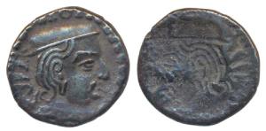 Vishnukundin Dynasty, Copper base alloy Unit, 2.40g, obv. bull to right, rev. conch shell 