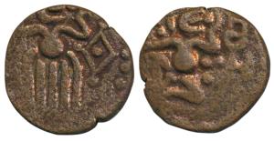U26A-144RL Venad Cheras, Copper Cash, obv. king seated, to his right a Battle-axe and Gran