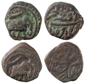 Tipu Sultan, Copper ¼ Paisa (2), 3.37g & 2.46g, Faiz Hisar Mint, AM 1222, Persian letter ‘