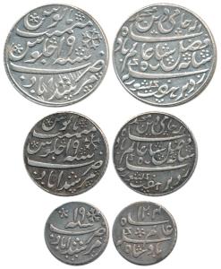 Murshidabad Mint, set of 3, Silver Rupee, ½ & ¼, in the name of Shah Alam II, RY 19, obliq