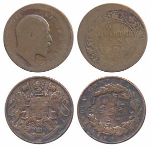 Copper ¼ Anna (2), EIC, 1835, Error, die axis rotated at 10 o’clock; Edward VII, 1907, Err