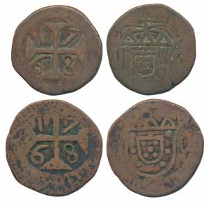 Diu, Jose (Joseph) (1750-1777 AD), Copper Atia (2), 8.96g & 8.78g, obv. crowned arms divid