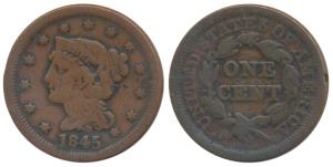 United States of America, Copper Cent, obv. liberty head to left with braided hair date 18