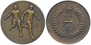 37th Regiment Relay Races, 120 Yards Hurdles, Copper Medal, obv. two men running a relay, 