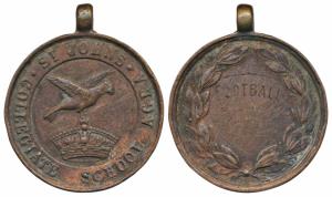 St. Johns Collegiate School Agra, Copper Medal, rev. Football within wreath. Very Fine+.