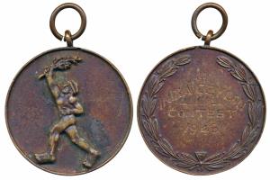 II India Ceylon Contest, Copper Medal, 1946; rev. a man walking left holding a sprig. Very